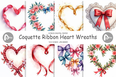 Digital Paper Ribbon Heart Wreaths Digital Pattern artnoy 