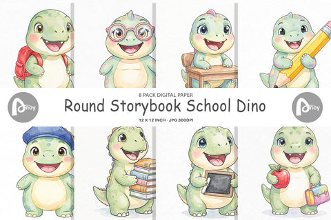 Digital Paper Round Storybook School Dino Sublimation artnoy 