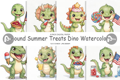 Digital Paper Round Summer Treats Dino Watercolor Digital Pattern artnoy 