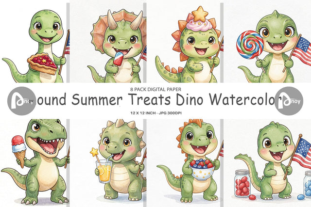 Digital Paper Round Summer Treats Dino Watercolor Digital Pattern artnoy 