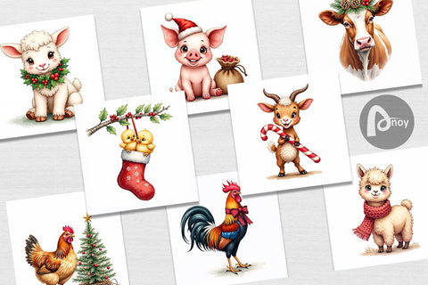 Digital Paper Rustic Farmhouse Christmas Animals Watercolor Digital Pattern artnoy 