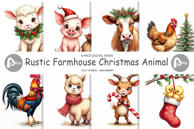Digital Paper Rustic Farmhouse Christmas Animals Watercolor Digital Pattern artnoy 
