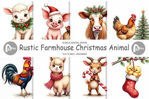 Digital Paper Rustic Farmhouse Christmas Animals Watercolor Digital Pattern artnoy 