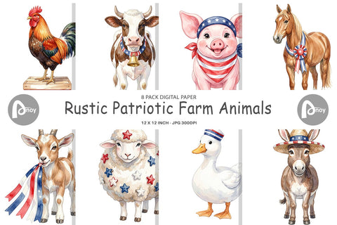 Digital Paper Rustic Patriotic Farm Animals Sublimation artnoy 