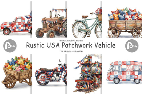 Digital Paper Rustic USA Patchwork Vehicle Digital Pattern artnoy 