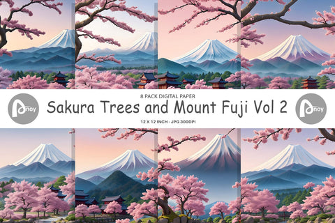 Digital Paper Sakura Trees Mount Fuji Sublimation artnoy 