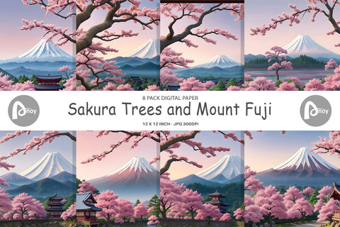 Digital Paper Sakura Trees Mount Fuji Sublimation artnoy 