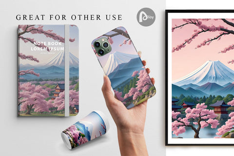 Digital Paper Sakura Trees Mount Fuji Sublimation artnoy 