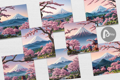 Digital Paper Sakura Trees Mount Fuji Sublimation artnoy 