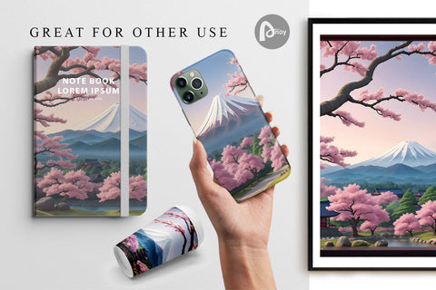 Digital Paper Sakura Trees Mount Fuji Sublimation artnoy 