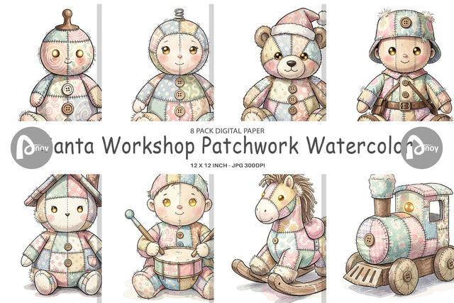 Digital Paper Santa Workshop Patchwork Watercolor Digital Pattern artnoy 