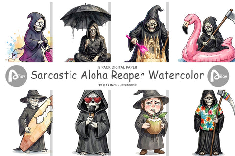 Digital Paper Sarcastic Aloha Reaper Watercolor Digital Pattern artnoy 