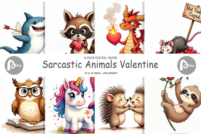 Digital Paper Sarcastic Animals Valentine Cynical Critters Watercolor Digital Pattern artnoy 