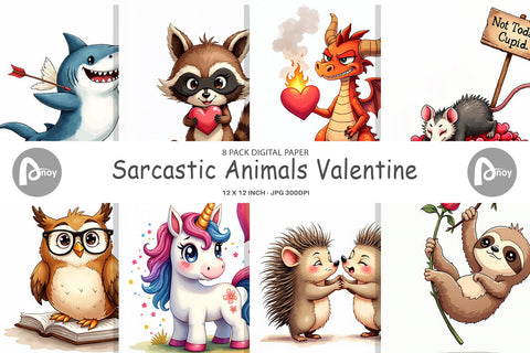 Digital Paper Sarcastic Animals Valentine Cynical Critters Watercolor Digital Pattern artnoy 
