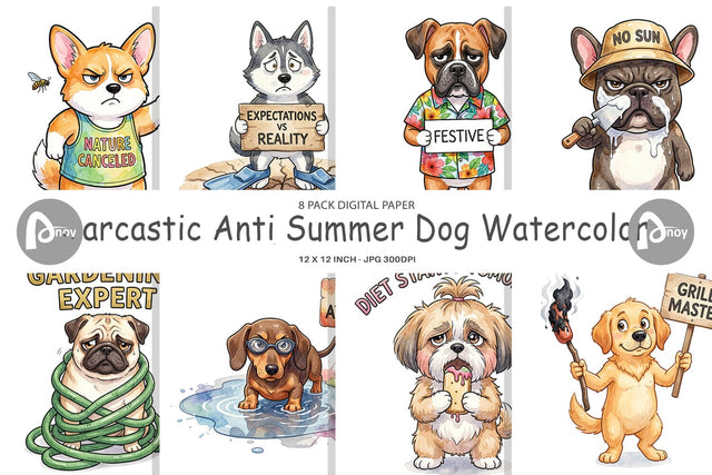 Digital Paper Sarcastic Anti Summer Dog Watercolor Digital Pattern artnoy 