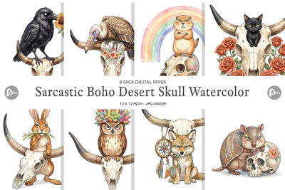Digital Paper Sarcastic Boho Desert Skull Watercolor Digital Pattern artnoy 
