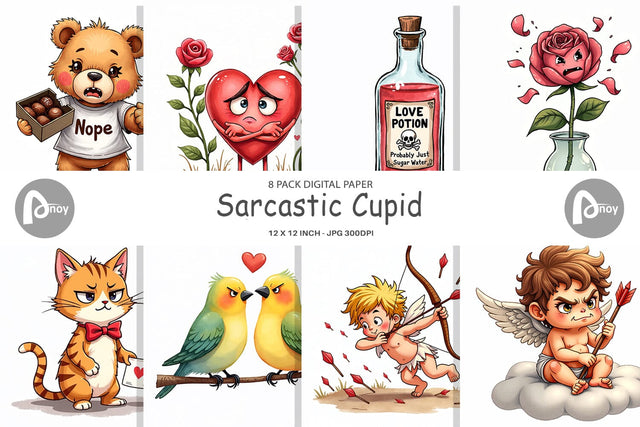Digital Paper Sarcastic Cupid Watercolor Funny Anti-Valentine Digital Pattern artnoy 