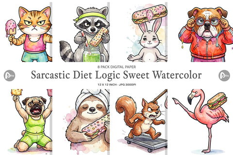 Digital Paper Sarcastic Diet Logic Sweet Watercolor Digital Pattern artnoy 