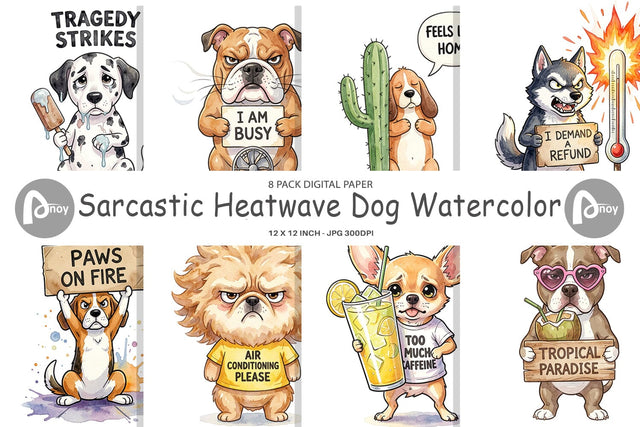 Digital Paper Sarcastic Heatwave Dog Watercolor Digital Pattern artnoy 