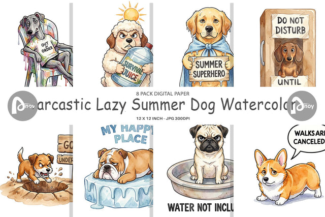 Digital Paper Sarcastic Lazy Summer Dog Watercolor Digital Pattern artnoy 