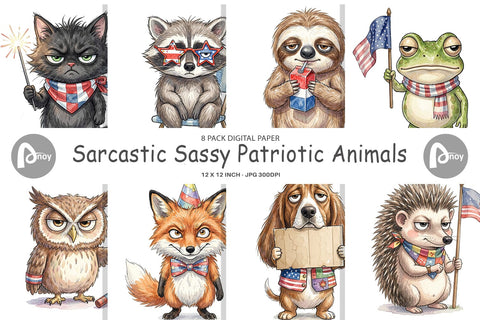 Digital Paper Sarcastic Sassy Patriotic Animals Sublimation artnoy 