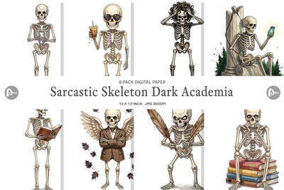 Digital Paper Sarcastic Skeleton Dark Academia Digital Pattern artnoy 
