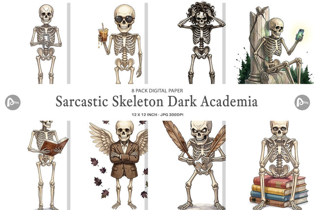 Digital Paper Sarcastic Skeleton Dark Academia Digital Pattern artnoy 