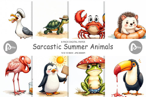 Digital Paper Sarcastic Summer Animals Watercolor Digital Pattern artnoy 