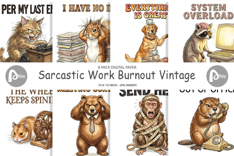 Digital Paper Sarcastic Work Burnout Vintage Digital Pattern artnoy 
