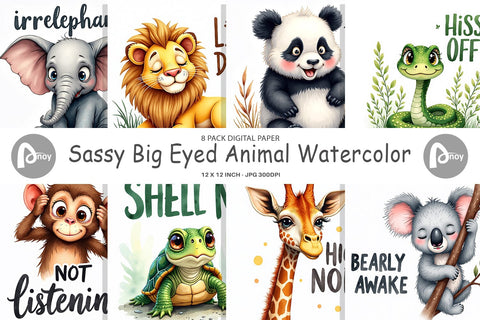 Digital Paper Sassy Big-Eyed Animal Watercolor Puns Digital Pattern artnoy 