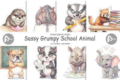 Digital Paper Sassy Grumpy School Animal Digital Pattern artnoy 