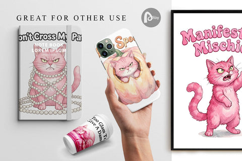 Digital Paper Sassy Pink Cat Halloween Watercolor Digital Pattern artnoy 