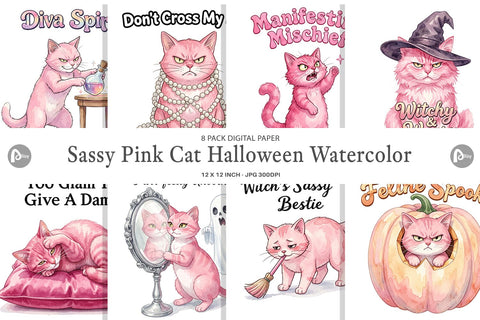 Digital Paper Sassy Pink Cat Halloween Watercolor Digital Pattern artnoy 