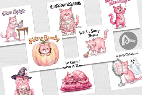 Digital Paper Sassy Pink Cat Halloween Watercolor Digital Pattern artnoy 