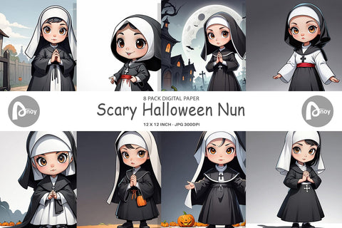 Digital Paper Scary Halloween Nun Digital Pattern artnoy 