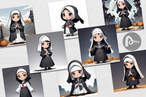 Digital Paper Scary Halloween Nun Digital Pattern artnoy 