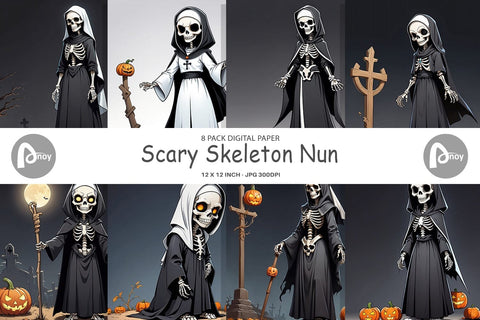 Digital Paper Scary Skeleton Nun Digital Pattern artnoy 