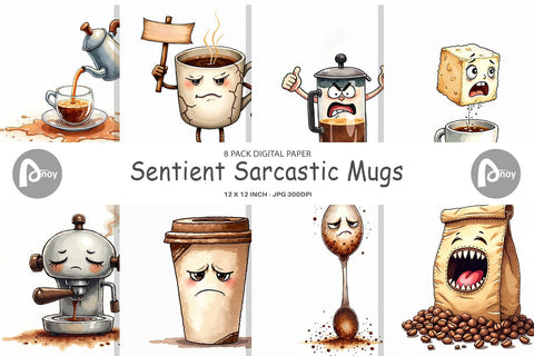 Digital Paper Sentient Sarcastic Mugs Watercolor Digital Pattern artnoy 