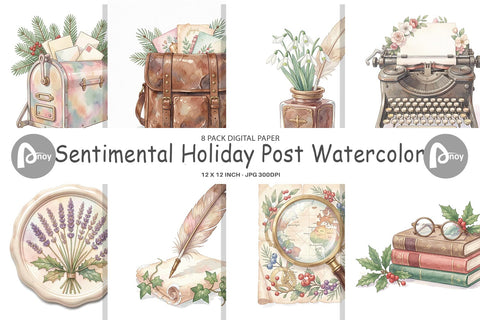 Digital Paper Sentimental Holiday Post Watercolor Digital Pattern artnoy 