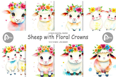 Digital Paper Sheep with Floral Crowns Digital Pattern artnoy 