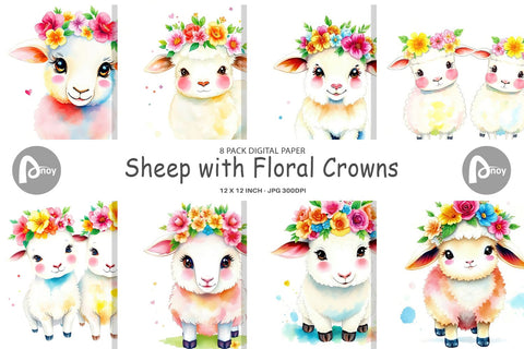 Digital Paper Sheep with Floral Crowns Digital Pattern artnoy 