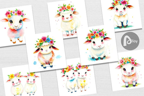 Digital Paper Sheep with Floral Crowns Digital Pattern artnoy 