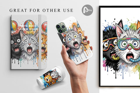Digital Paper Shocked Beach Cat Heads Ink Sketch Digital Pattern artnoy 