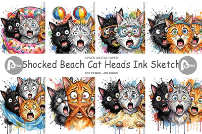 Digital Paper Shocked Beach Cat Heads Ink Sketch Digital Pattern artnoy 