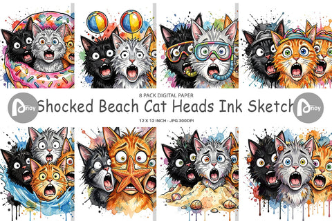 Digital Paper Shocked Beach Cat Heads Ink Sketch Digital Pattern artnoy 