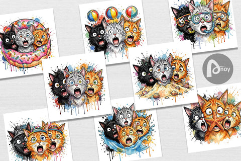 Digital Paper Shocked Beach Cat Heads Ink Sketch Digital Pattern artnoy 