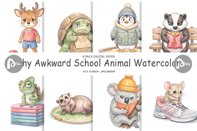 Digital Paper Shy Awkward School Animal Watercolor Digital Pattern artnoy 