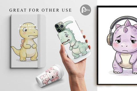 Digital Paper Shy Baby Dinosaur Watercolor Digital Pattern artnoy 