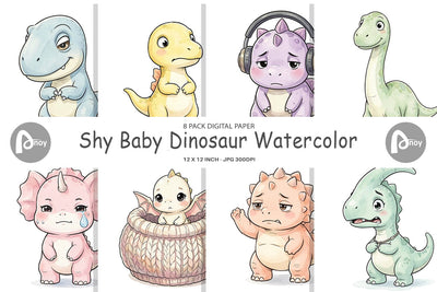 Digital Paper Shy Baby Dinosaur Watercolor Digital Pattern artnoy 