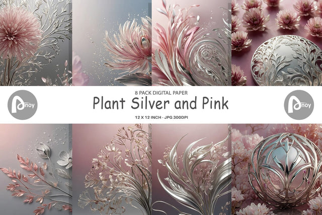 Digital Paper Silver and Pink Plants Digital Pattern artnoy 